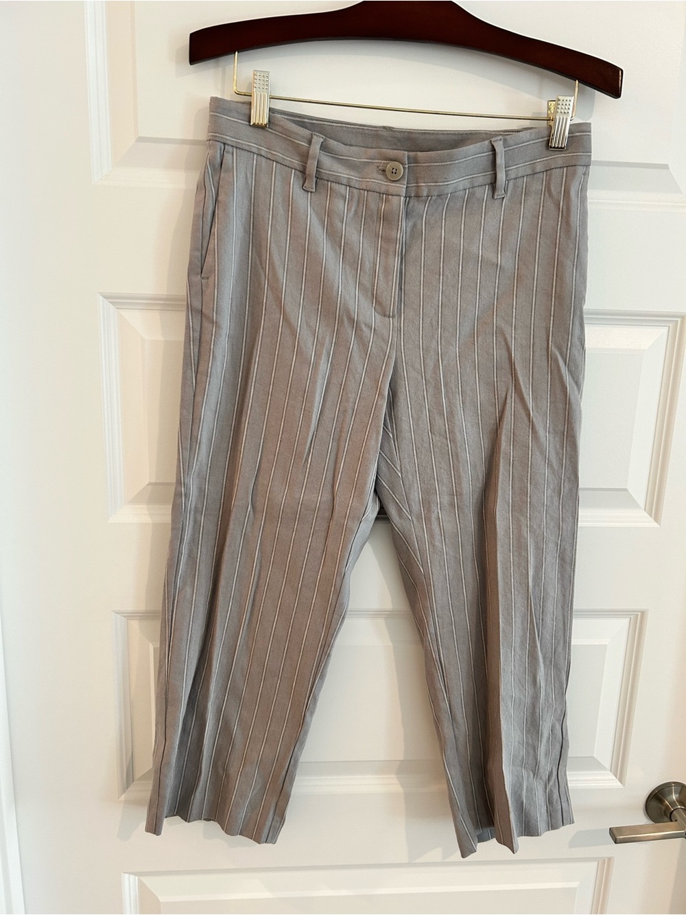J Jill Linen Stretch Cropped Pants Gray Pinstripe Size 8P Petite